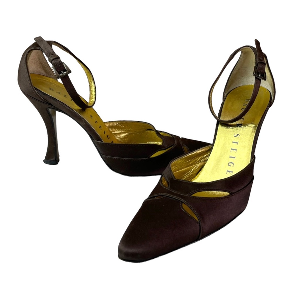 Vintage Walter Steiger Satin Pointed Toe Ankle Strap High Heel Shoes Brown 7
